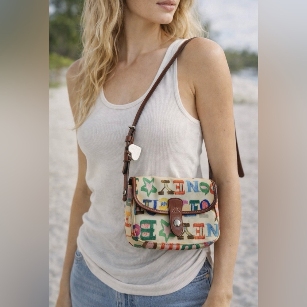 Dooney & Bourke Multicolor Logo Canvas Crossbody Bag with Brown Leather Trim